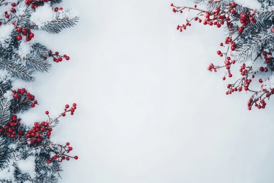 Evergreen branches with red berries on a snowy background