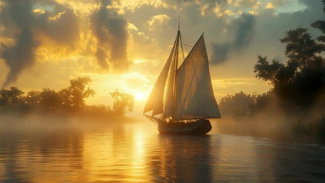 A sailer is sailing on a misty lake