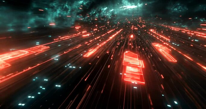 Futuristic space scene with glowing red streaks and objects