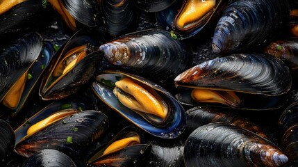 Close-up of a group of mussels. the mussels are black in color and have a glossy texture. they are arranged in a scattered manner, with some overlapping each other.