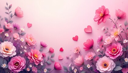 Floral arrangement with a soft pink theme, flowers and hearts floating in a harmonious composition