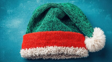 Green and red festive hat with white pom pom on plain white background, perfect for holiday designs.