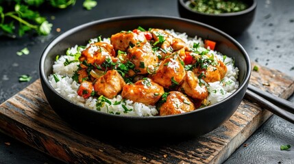 Black bowl filled with a dish of rice and chicken. the dish appears to be a type of asian-style stir-fry, with chunks of chicken covered in a red sauce and garnished with chopped herbs.