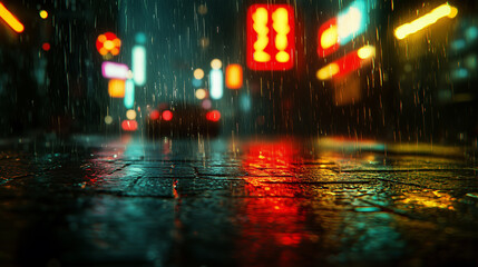 Fototapeta premium The street on a rainy night is illuminated by neon signs against the backdrop of blurred silhouettes of buildings..