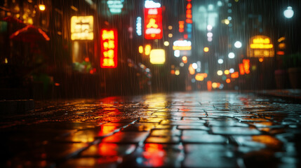Obraz premium The wet cobblestones of a city street sparkle with reflections of bright neon lights. A light rain trickles down.