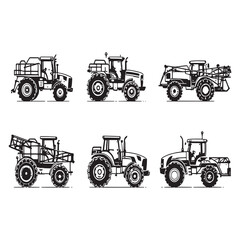 Tractor mounted sprayer agricultural farming equipment vector line art
