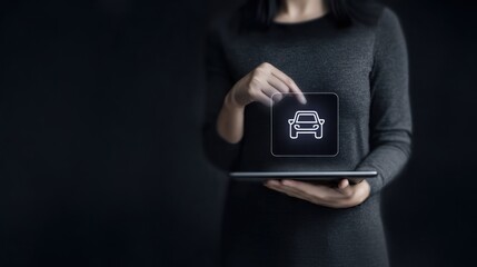 Woman holds tablet showing car icon on screen with dark background, presenting digital booking idea in online ride service and on demand ride services