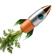 carrot turned into a sleek rocket with leafy green flames shooting downward