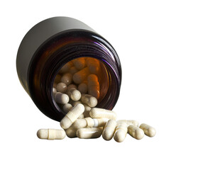 pills spilling from bottle on transparent background