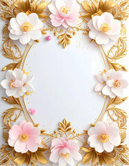 Elegant floral frame with pink flowers and gold accents for invitations or decor.