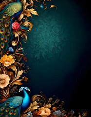 Ornate floral design featuring peacocks on a dark background.