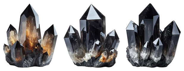 smoky quartz crystal clusters on transparent background