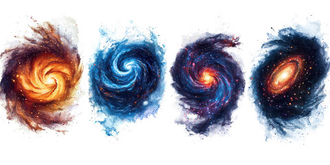 four abstract colorful galaxies, isolated on transparent background.