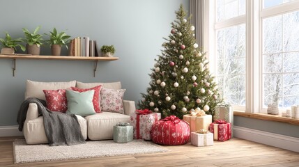Decorated Christmas tree with wrapped presents in a cozy living room near a bright window during daytime.