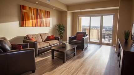 Fototapeta premium Sunlit Modern Living Room with City View and Abstract Art