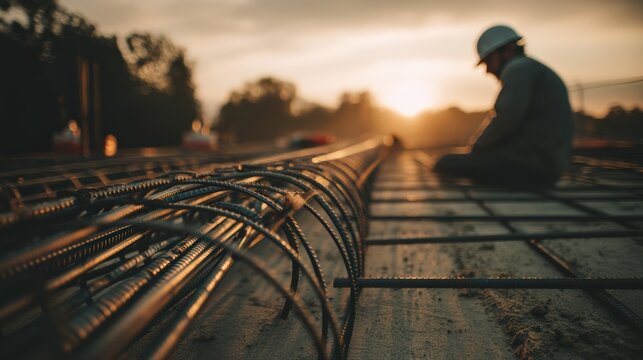 Golden hour construction moment with rebar lined up like ribs, and a focused worker in hard hat preparing the next piece..