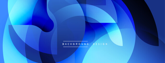 Abstract blue shapes overlap, creating dynamic fluid design. Modern gradient effect suggests movement, depth. Text reads background design.