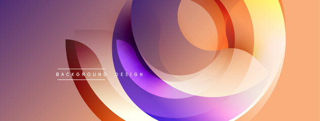 Abstract design features overlapping circles, gradients. Warm colors dominate, creating modern visual effect. Background suggests innovation, technology.