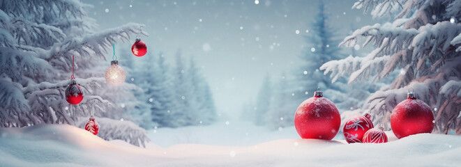 red snow covered car, A snowy scene with a blue background and a snowy forest and the words christmas on the top.
