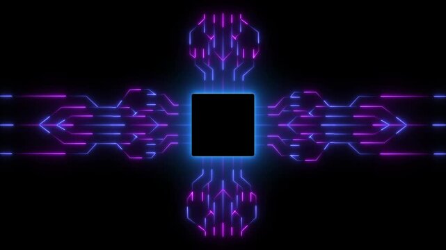 Advanced Futuristic CPU chip set and electric circuit with data transfer moving on dark background Neon glowing futuristic cyberspace technology background template.