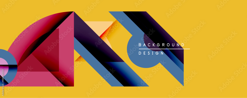 Aufkleber Abstract geometric composition. Overlapping shapes create dynamic visual effect. Bright colors contrast against yellow backdrop. Modern design element for backgrounds.