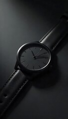 Generative AI Minimalist Black Watch with Leather Strap on a Dark Surface