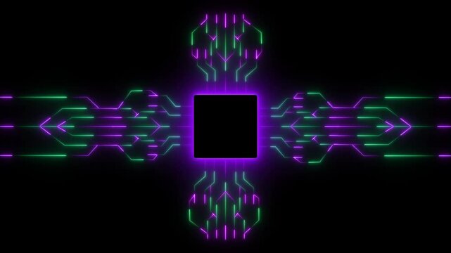 Advanced Futuristic CPU chip set and electric circuit with data transfer moving on dark background Neon glowing futuristic cyberspace technology background template.