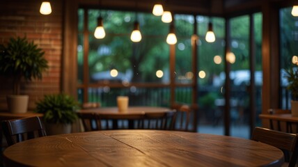 Warm-lit, rustic cafe interior with wooden tables, potted plants, and an out-of-focus view of a garden through large windows