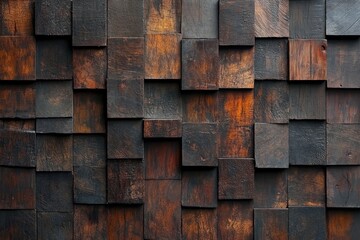A wall covered in a pattern of dark brown wooden squares