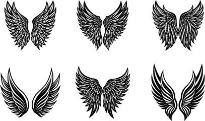Flying bird wings vector set with angel and tribal feather Silhouette designs, perfect for tattoo or freedom symbol illustration