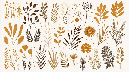 Elegant Botanical Illustrations: Golden and Brown Floral Elements