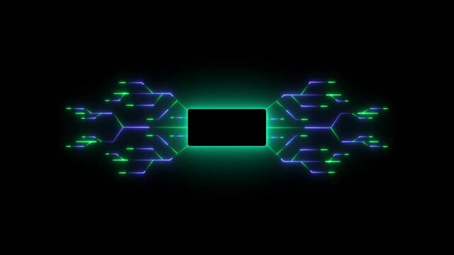 Advanced Futuristic CPU chip set and electric circuit with data transfer moving on dark background Neon glowing futuristic cyberspace technology background template.