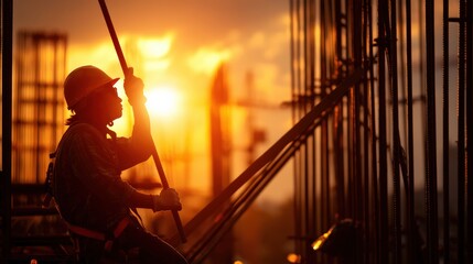 Fototapeta premium Side view of a worker gripping steel bars on a construction site, golden evening sunlight casting dramatic shadows around him..