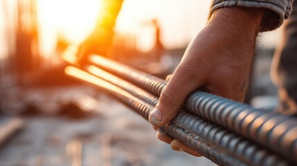 Side view of a worker gripping steel bars on a construction site, golden evening sunlight casting dramatic shadows around him..