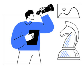 Person holding tablet and looking through telescope, chess knight piece, framed landscape art. Ideal for strategy, innovation, planning, leadership, vision creativity goals. Flat simple metaphor
