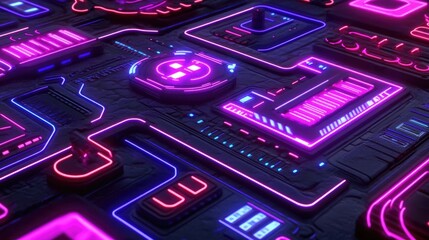 Futuristic neon-lit digital interface with glowing panels and circuitry