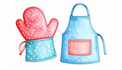 A colorful polka dot oven mitt and apron, perfect for baking or cooking, illustrated in a playful, watercolor style.