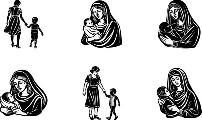 Cartoon vector set of Mother and child silhouettes in fun character style