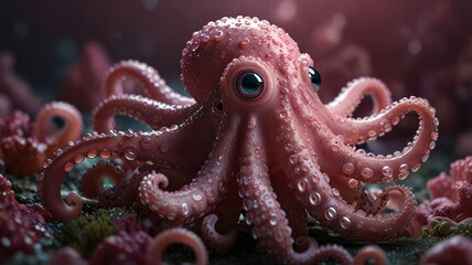 A cute, pink octopus with large eyes sits amongst wet, pink coral,  water droplets glistening on its skin.  The background is a dark, moody pink-purple