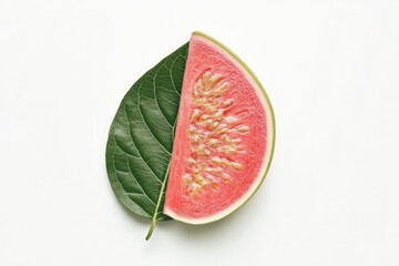 A slice of watermelon with red flesh and black seeds rests on a green leaf, creating a visual juxtaposition