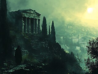 Mystical ancient ruins silhouetted against hazy sunlight, a journey through time
