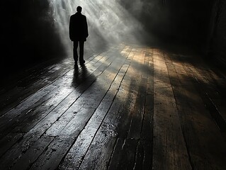 Obraz premium Solitary figure illuminated by ethereal light in dark, cavernous space