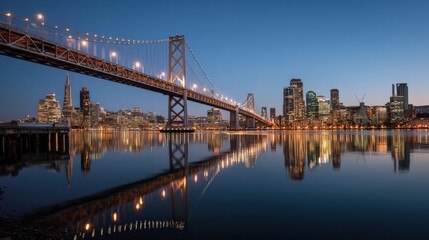 Obraz premium The heart of the Bay Area glowing in evening light, the skyline and bridge reflecting a summer dream..