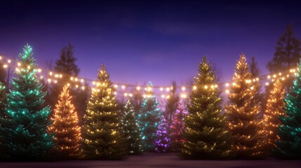 Row of evergreen trees decorated with colorful Christmas lights in a park at dusk.
