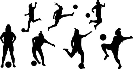 Set Dynamic female soccer players action poses athletic silhouettes sport figures skills game ball energy power