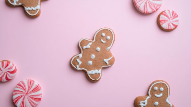 Assorted gingerbread cookies and peppermint candies arranged on a pink background, festive holiday treat display.