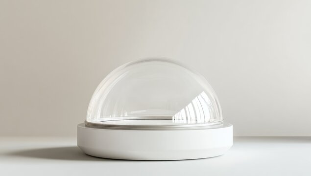 Clear glass dome on a white pedestal against a light beige background