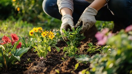 Fototapeta premium Gardening Hands Planting Flowers in Rich Soil