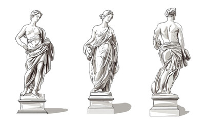 Classic statue elements separated on transparent and white background. Vector set, classic Italian greek style art sculpture, linocut sketch drawing.