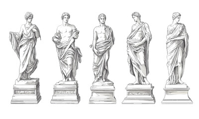 Classic statue elements separated on transparent and white background. Vector set, classic Italian greek style art sculpture, linocut sketch drawing.